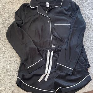 Stars Above Black Satin Pajama Set with White Trim